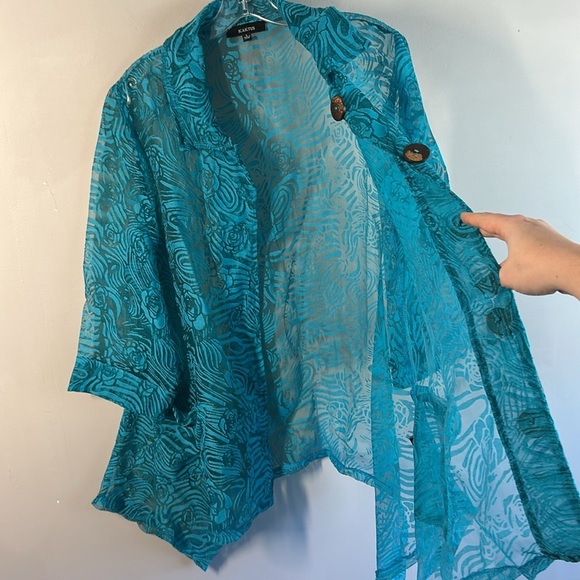 Kaktus Textured Turquoise Lagenlook Slouch Pockets Jacket Wooden Button Front L - Picture 11 of 16